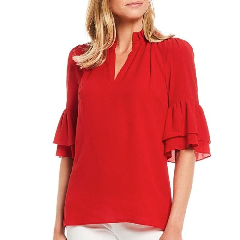 *NWT* Michael Kors - Textured Crepe Flounce Cuff Ruffle Trim V-Neck Top
